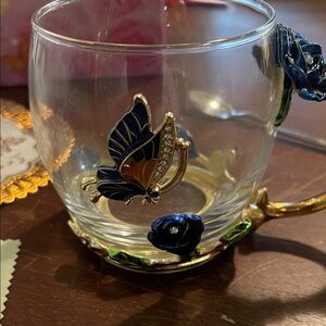 Crystal Glass Mug with Blue Rose and Butterfly